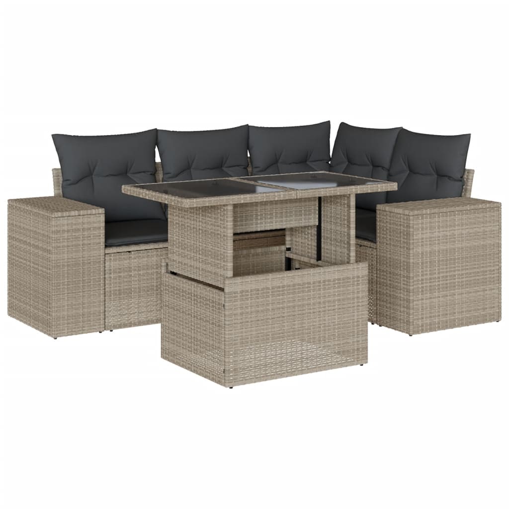 Set Divano da Giardino 5pz con Cuscini Grigio Chiaro Polyrattan