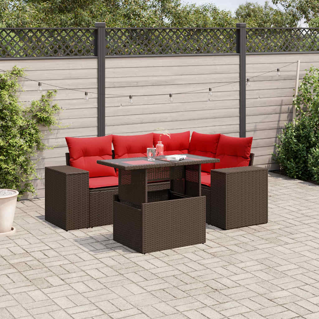Set Divani da Giardino 5 pz con Cuscini Marrone in Polyrattan