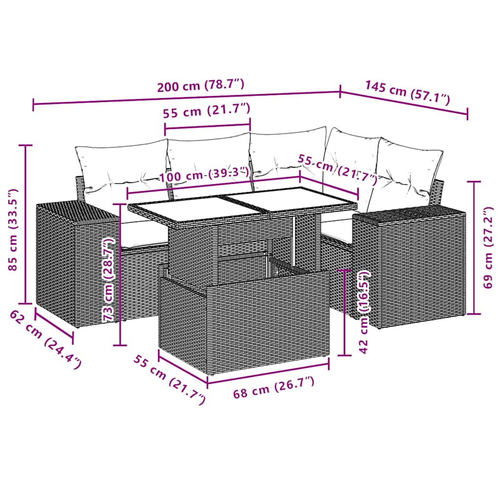 Set Divani da Giardino 5 pz con Cuscini Marrone in Polyrattan