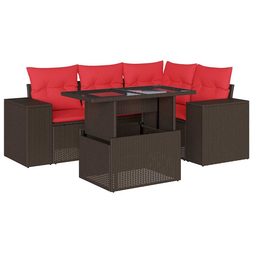 Set Divani da Giardino 5 pz con Cuscini Marrone in Polyrattan