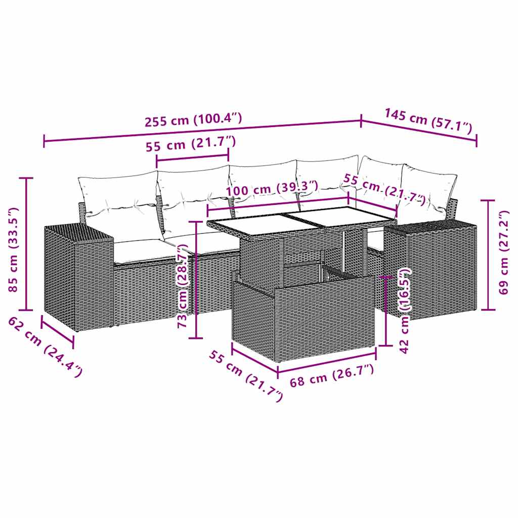 Set Divani da Giardino 6 pz con Cuscini Grigio in Polyrattan