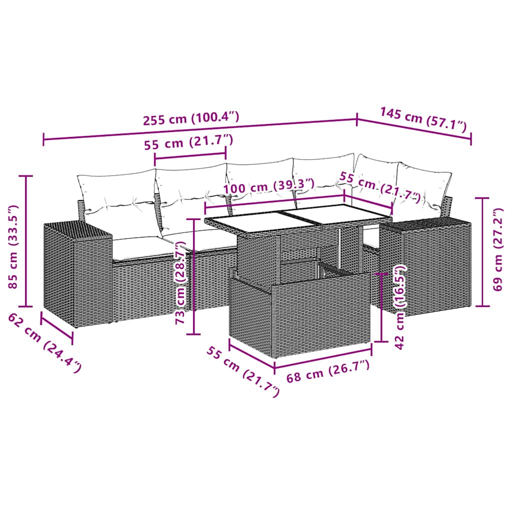 Set Divani da Giardino 6 pz con Cuscini Marrone in Polyrattan