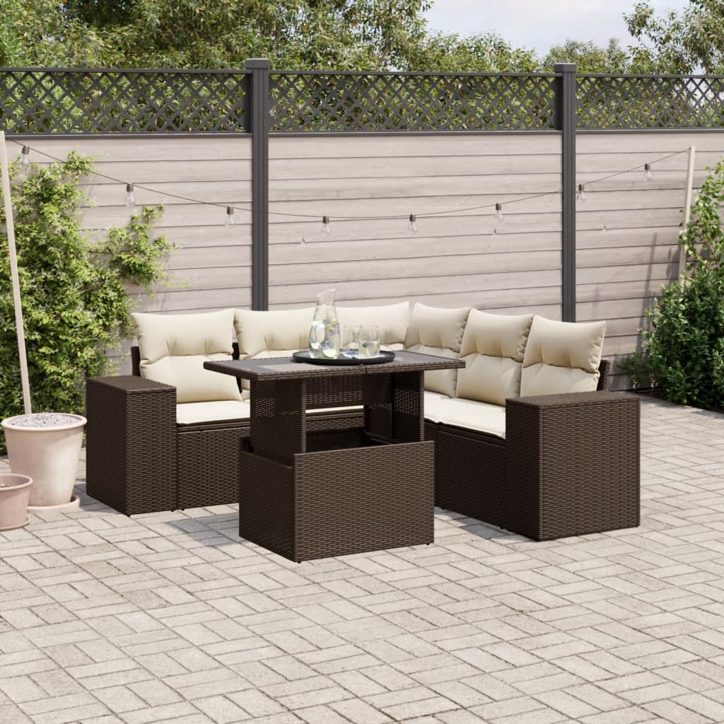 Set Divano da Giardino 6 pz con Cuscini Marrone in Polyrattan