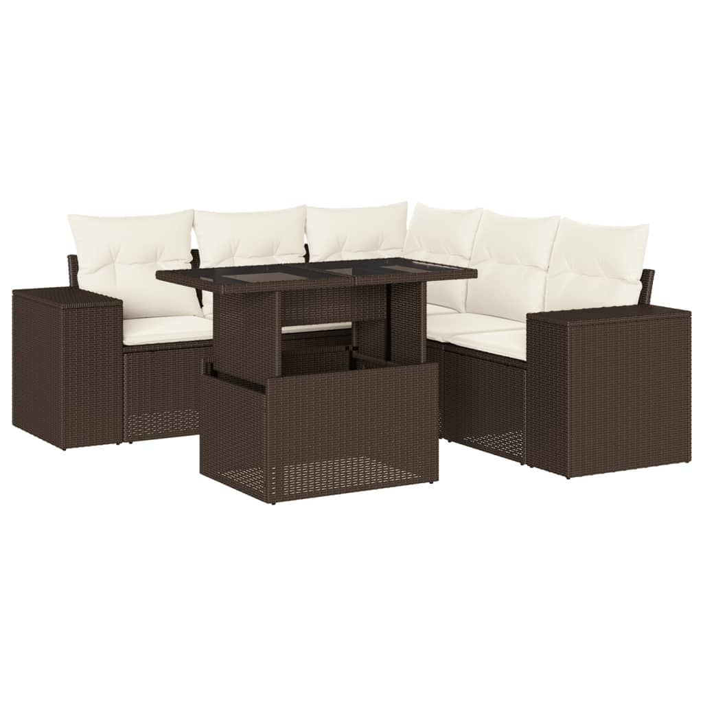 Set Divano da Giardino 6 pz con Cuscini Marrone in Polyrattan