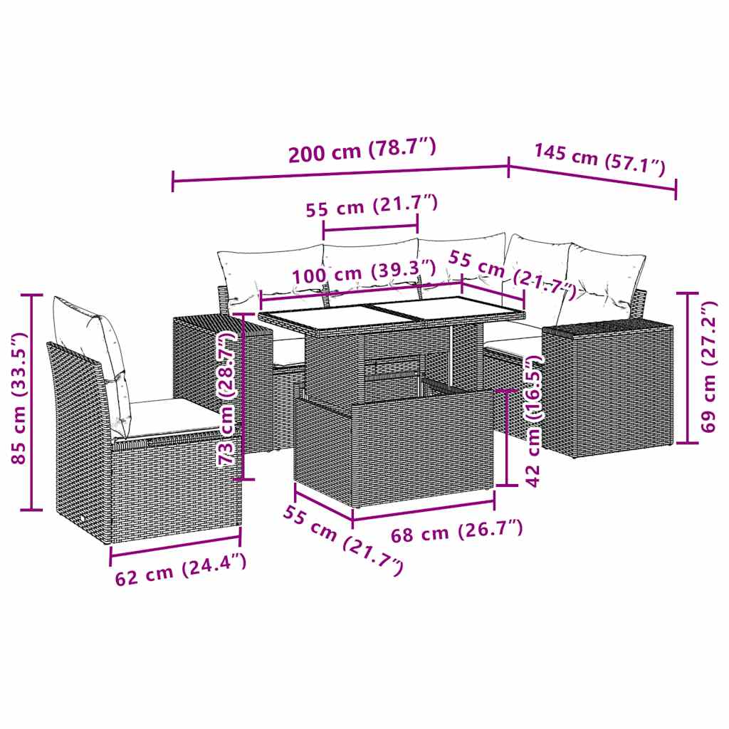 Set Divani da Giardino 6 pz con Cuscini Grigio in Polyrattan