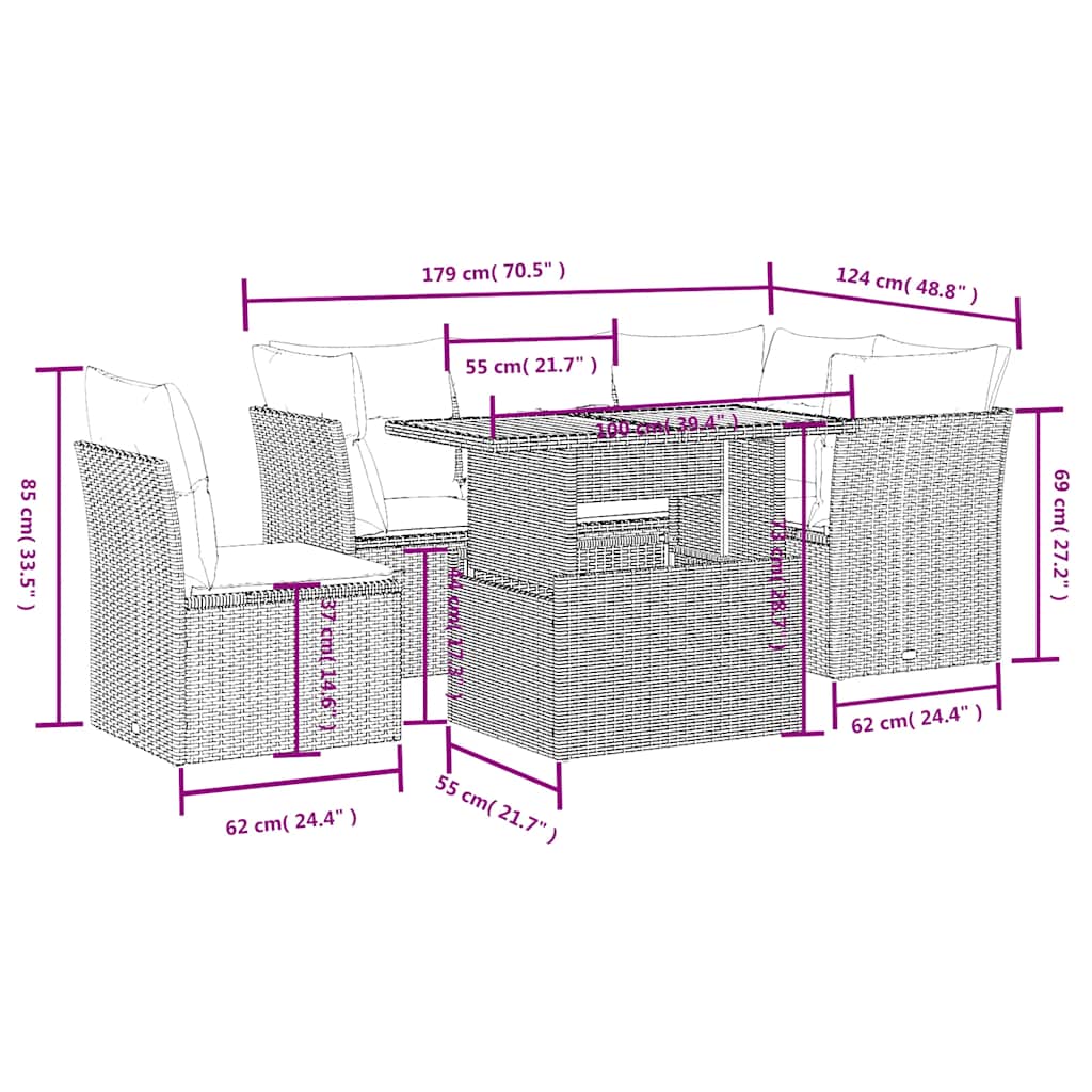 Set Divani da Giardino 5 pz con Cuscini in Polyrattan Nero