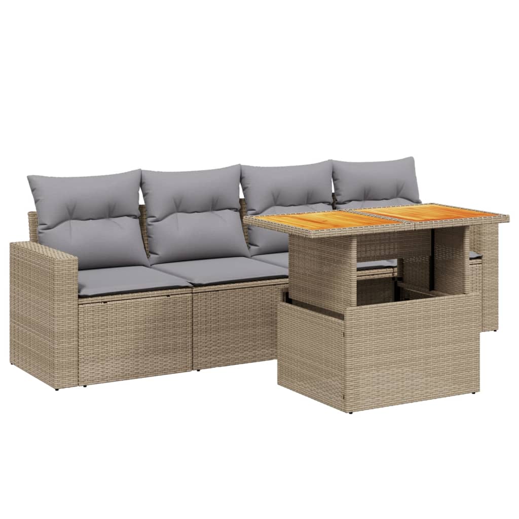 Set Divano da Giardino 5 pz con Cuscini Beige in Polyrattan