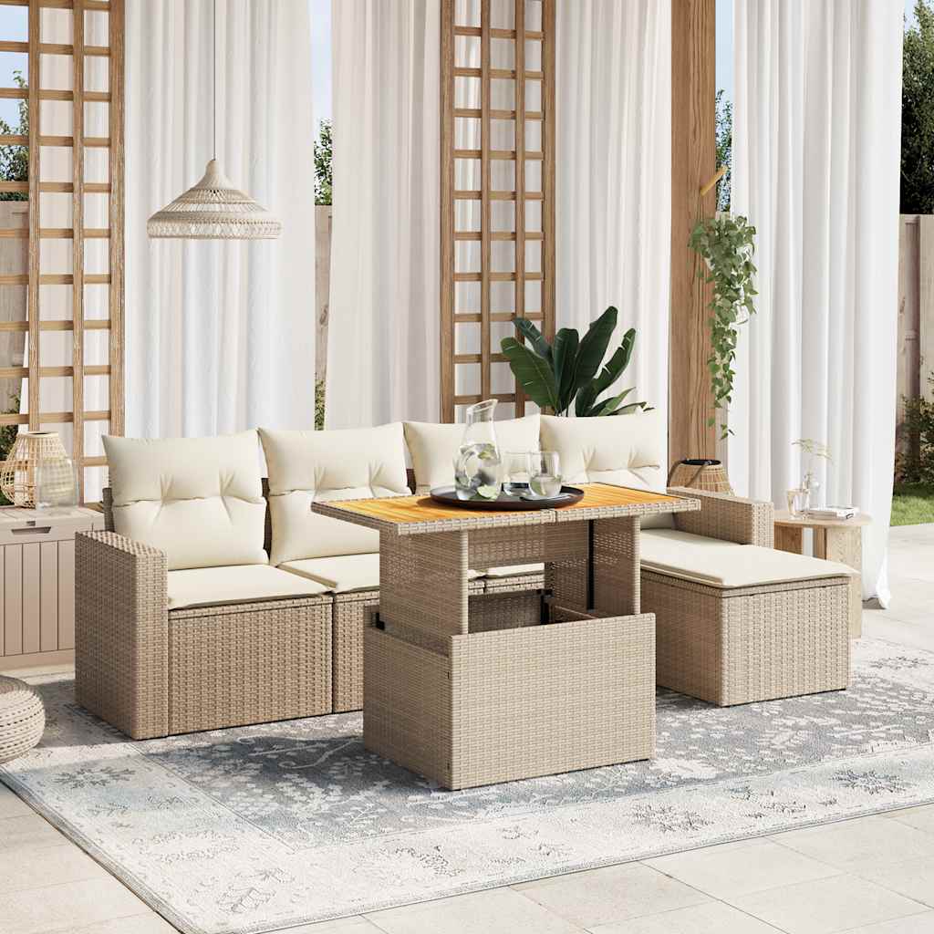 Set Divano da Giardino 6 pz con Cuscini Beige in Polyrattan