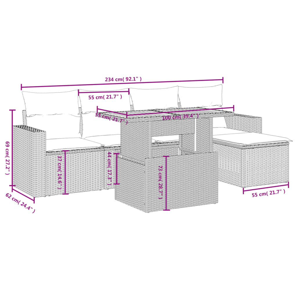 Set Divano da Giardino 6 pz con Cuscini Grigio in Polyrattan