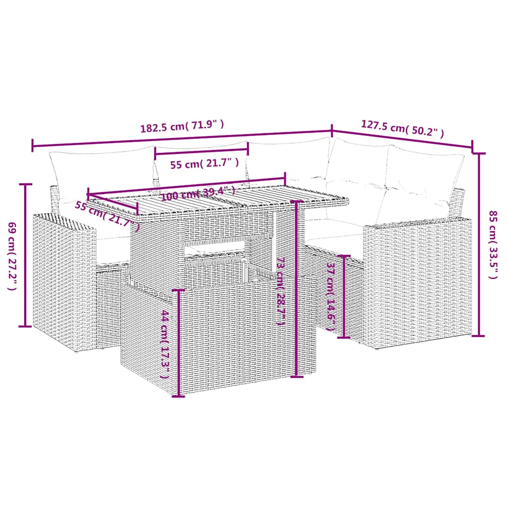Set Divani da Giardino 5 pz con Cuscini in Polyrattan Nero