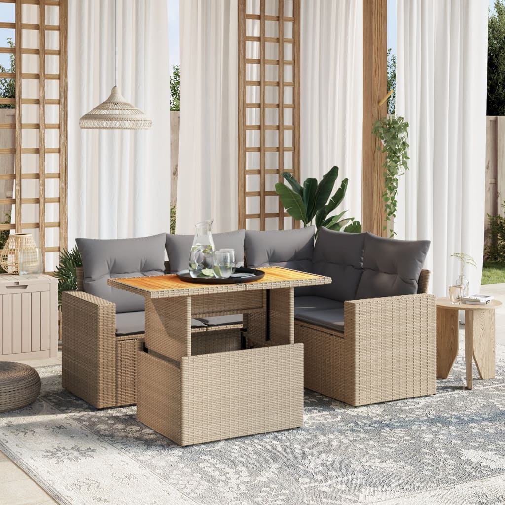 Set Divano da Giardino 5 pz con Cuscini Beige in Polyrattan