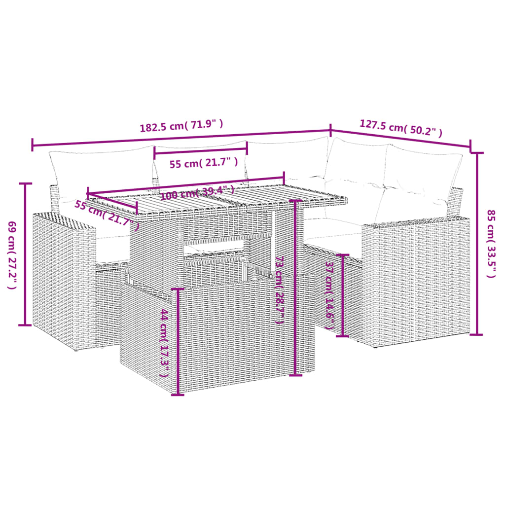 Set Divano da Giardino 5 pz con Cuscini Grigio in Polyrattan