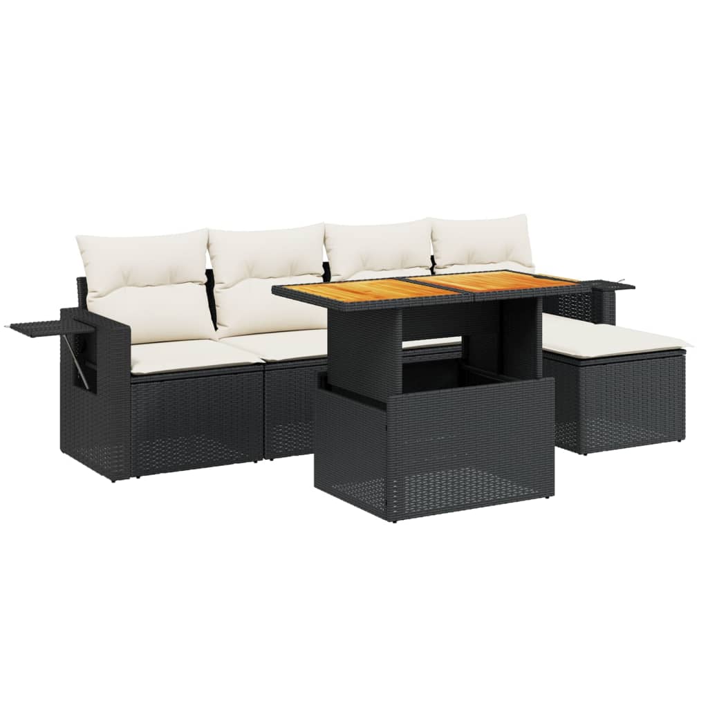 Set Divano da Giardino 6 pz con Cuscini Nero in Polyrattan