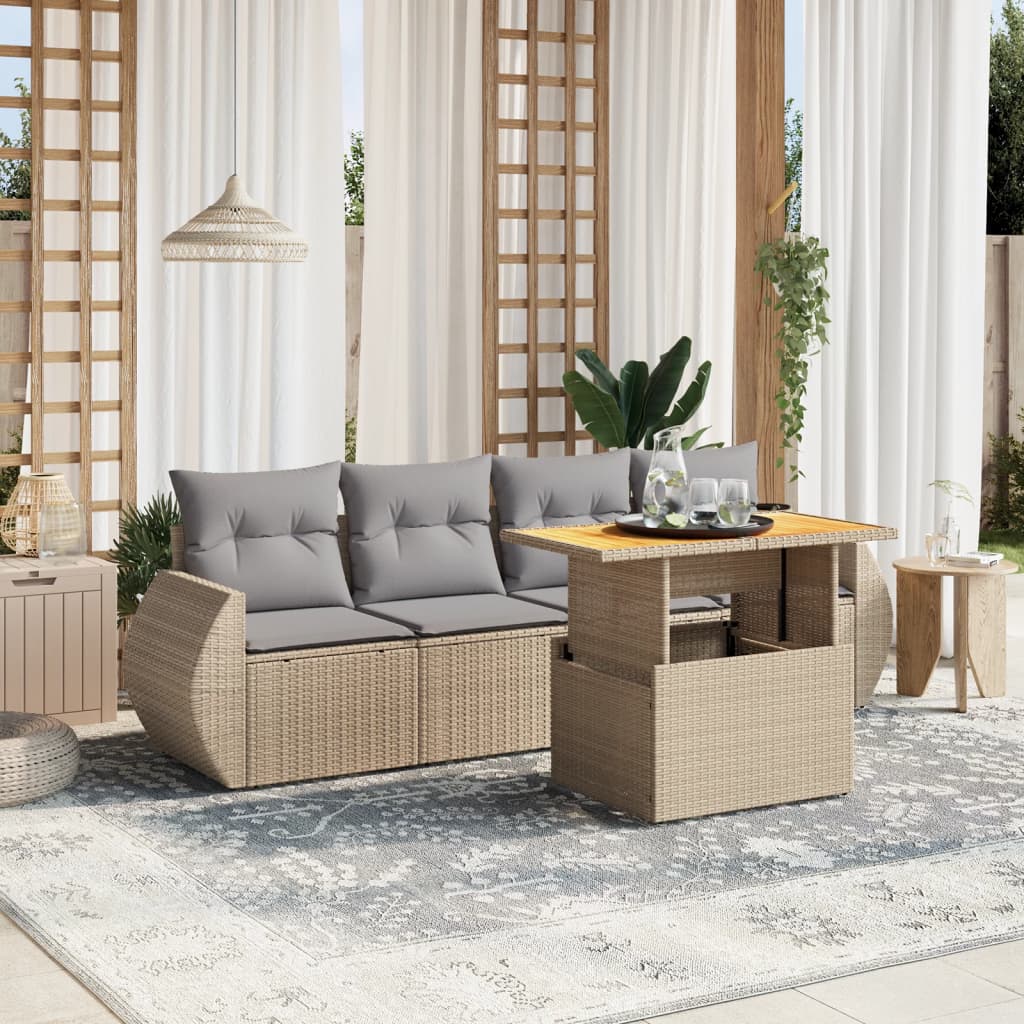 Set Divano da Giardino 5 pz con Cuscini Beige in Polyrattan