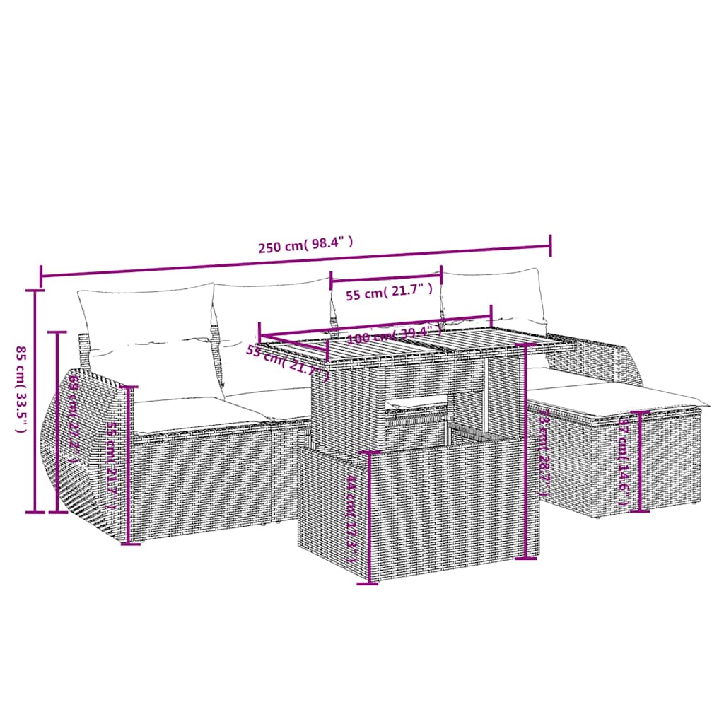 Set Divano da Giardino 6 pz con Cuscini Nero in Polyrattan