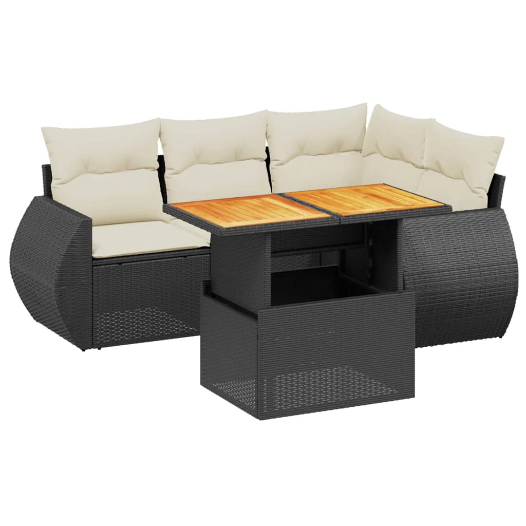 Salotto da giardino 5 pz in polyrattan nero e cuscini