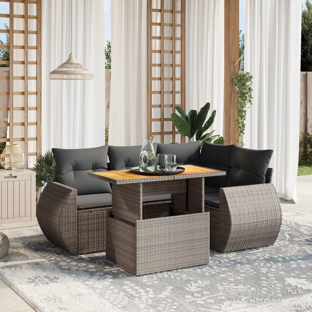 Salotto da esterno 5 pz in polyrattan grigio con cuscini