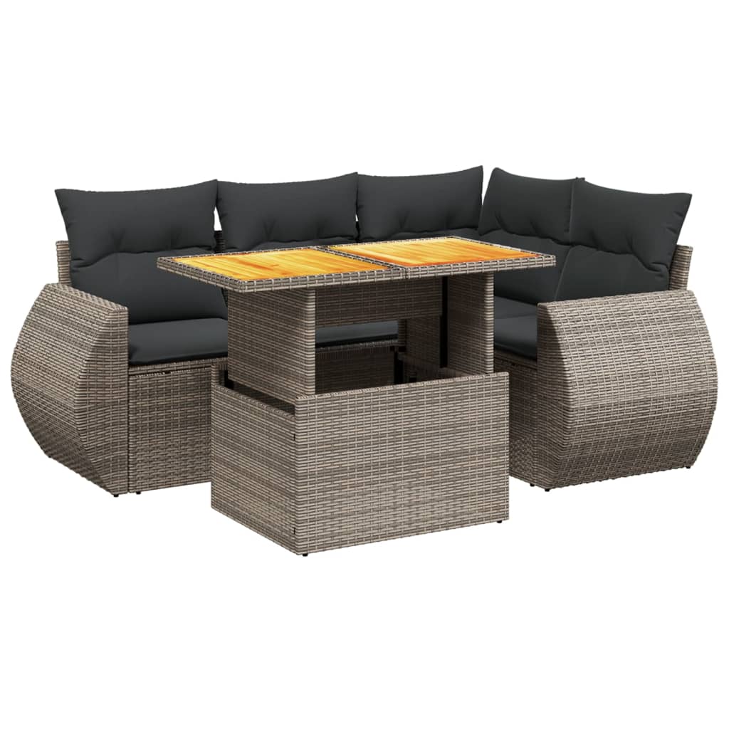 Salotto da esterno 5 pz in polyrattan grigio con cuscini