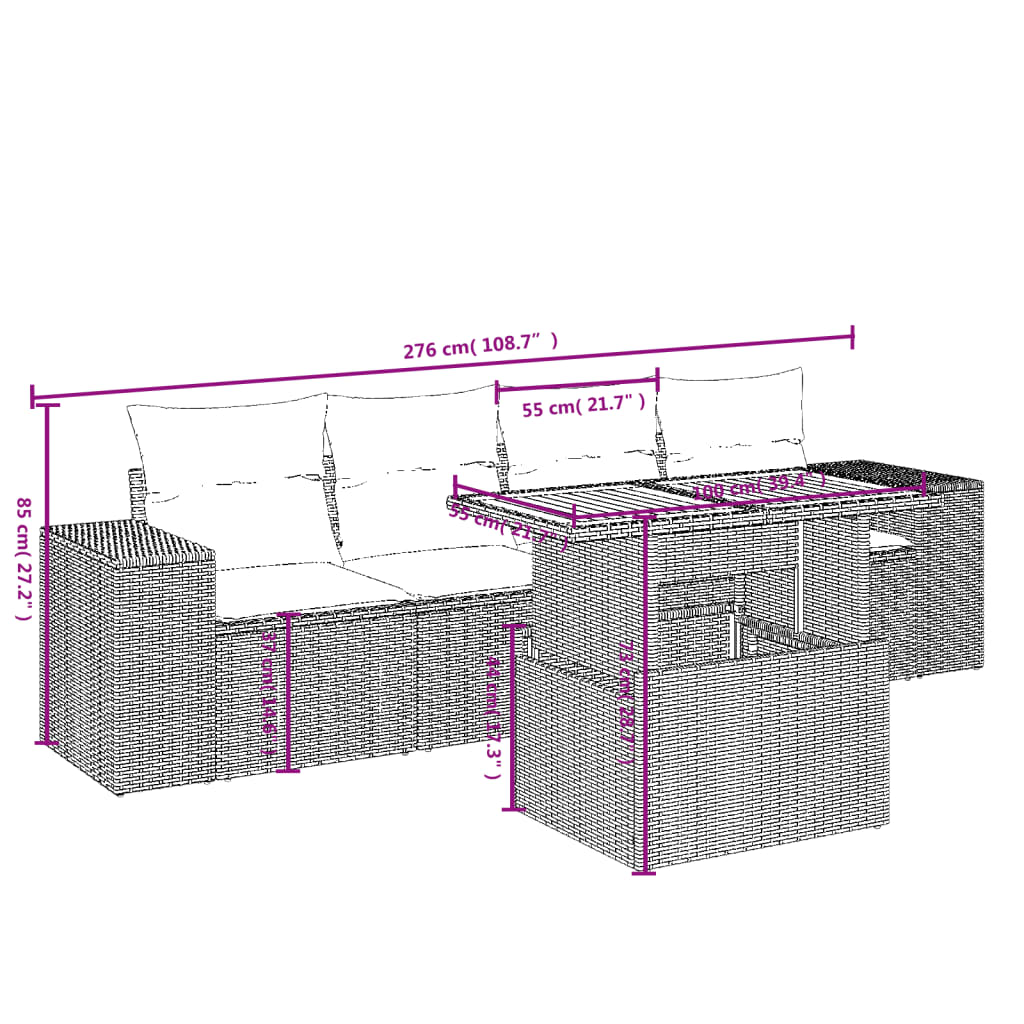 Set Salotto da Giardino 5 pz in Rattan PE Nero