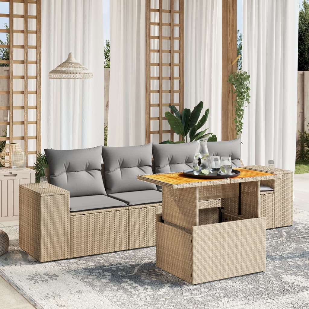 Salotto da esterno beige 5 pz in polyrattan con tavolo