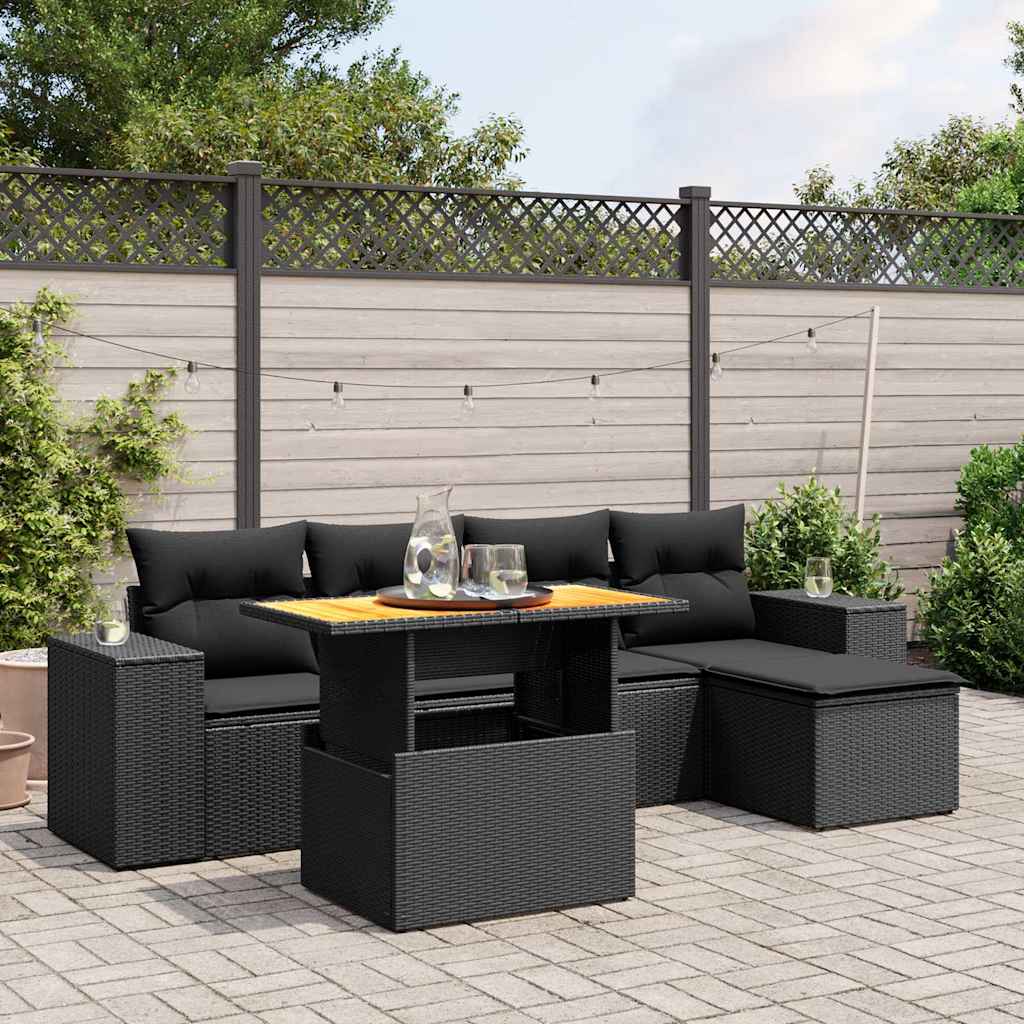Salotto da esterno in polyrattan nero, 6 pezzi con cuscini
