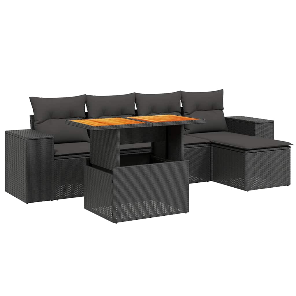Salotto da esterno in polyrattan nero, 6 pezzi con cuscini