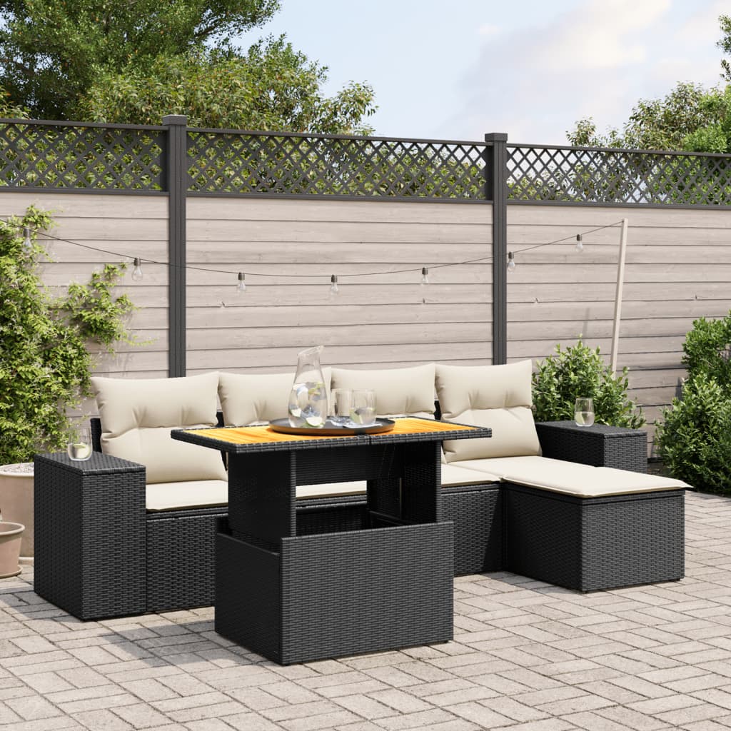 Set da Esterno 6 pz in Polyrattan Nero con Cuscini
