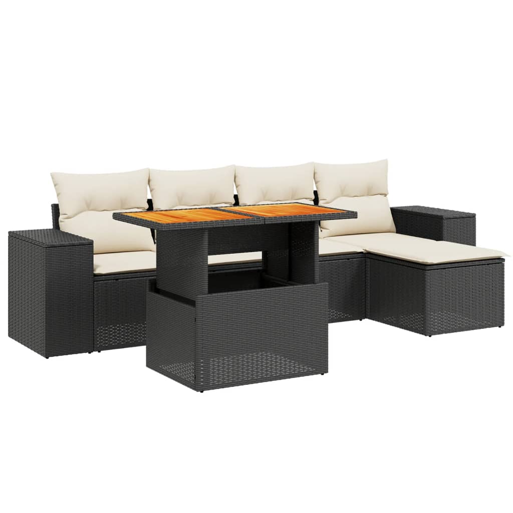 Set da Esterno 6 pz in Polyrattan Nero con Cuscini