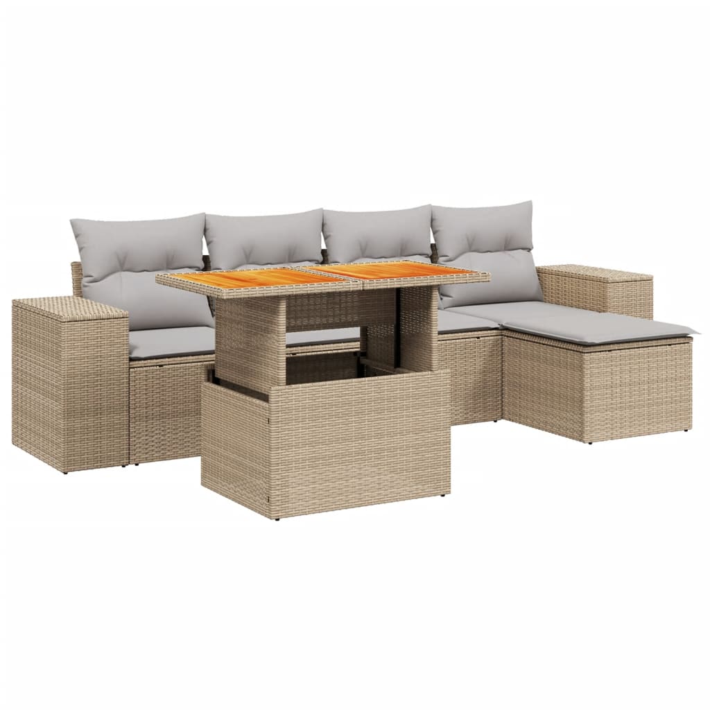 Set Divano da Giardino 6 pz con Cuscini Beige Polyrattan