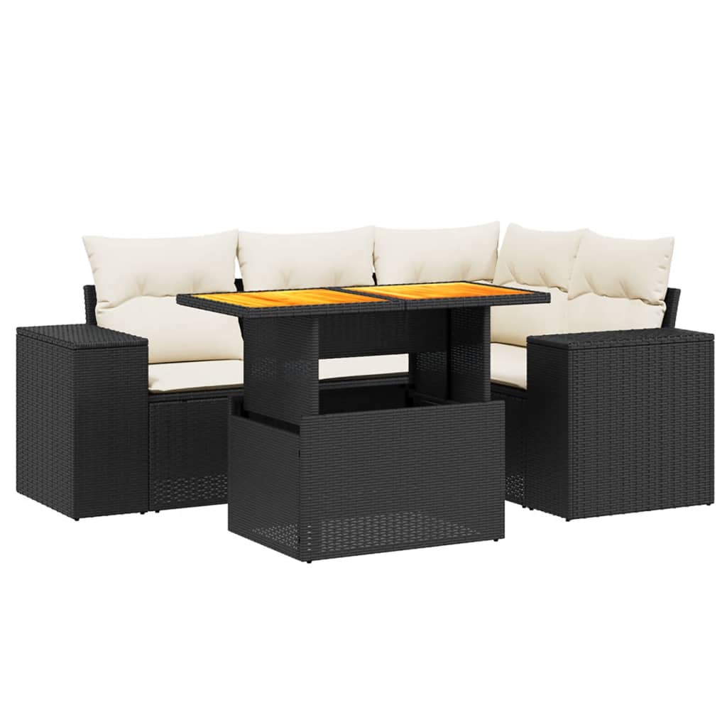 Salotto da giardino 5 pz in rattan PE nero, cuscini crema