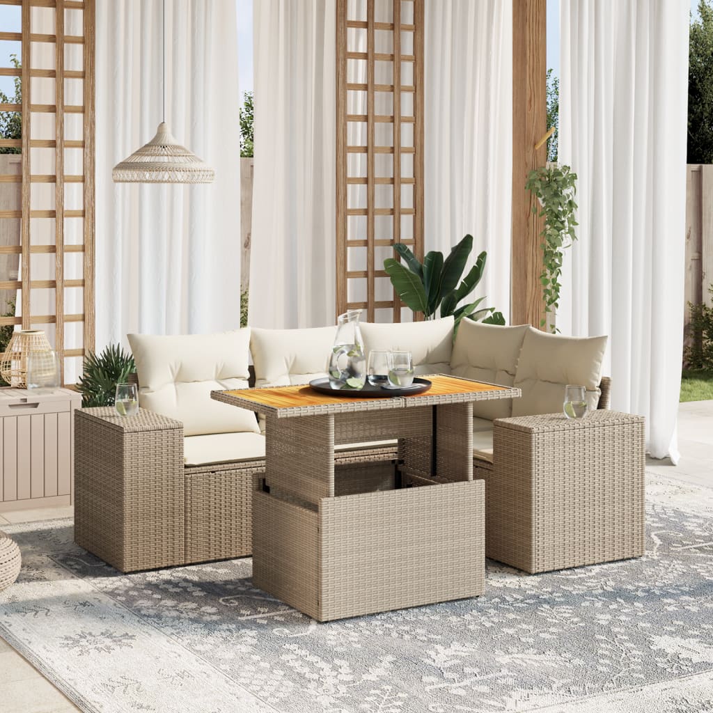Divano da esterno a L 5 pz in polyrattan beige con tavolo