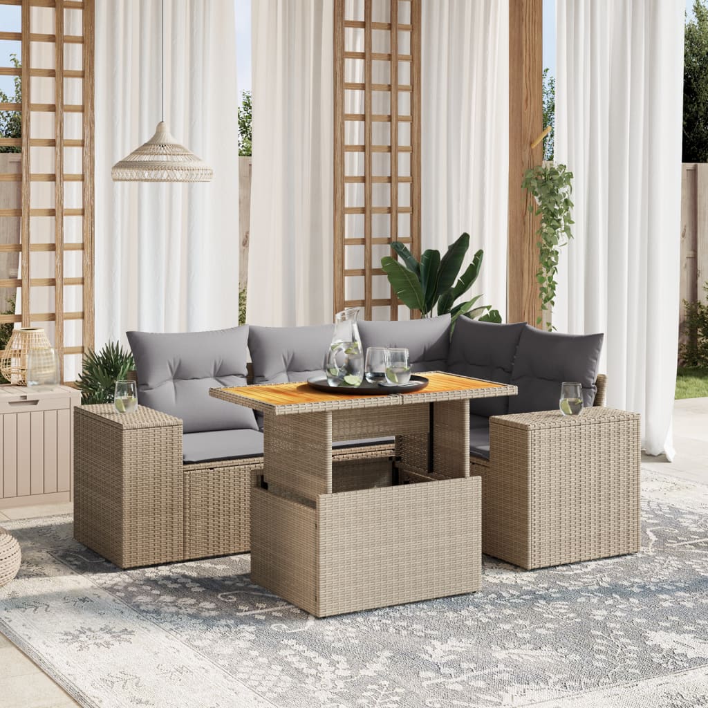 Salotto da esterno 5 pz beige in polyrattan con cuscini grigi