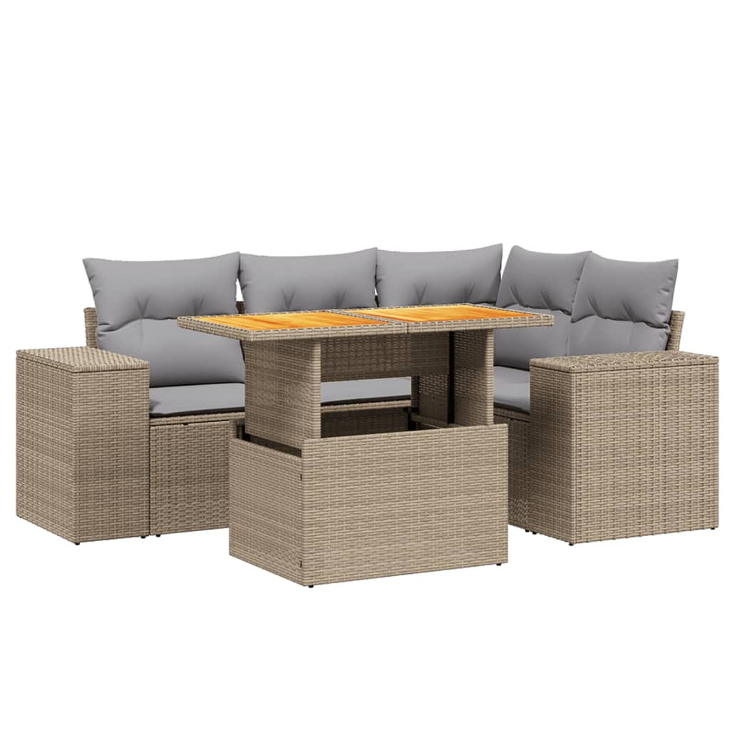 Salotto da esterno 5 pz beige in polyrattan con cuscini grigi