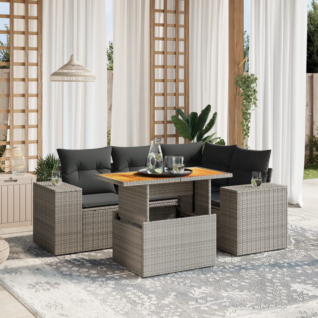 Salotto da giardino 5 pz in rattan PE grigio con tavolo