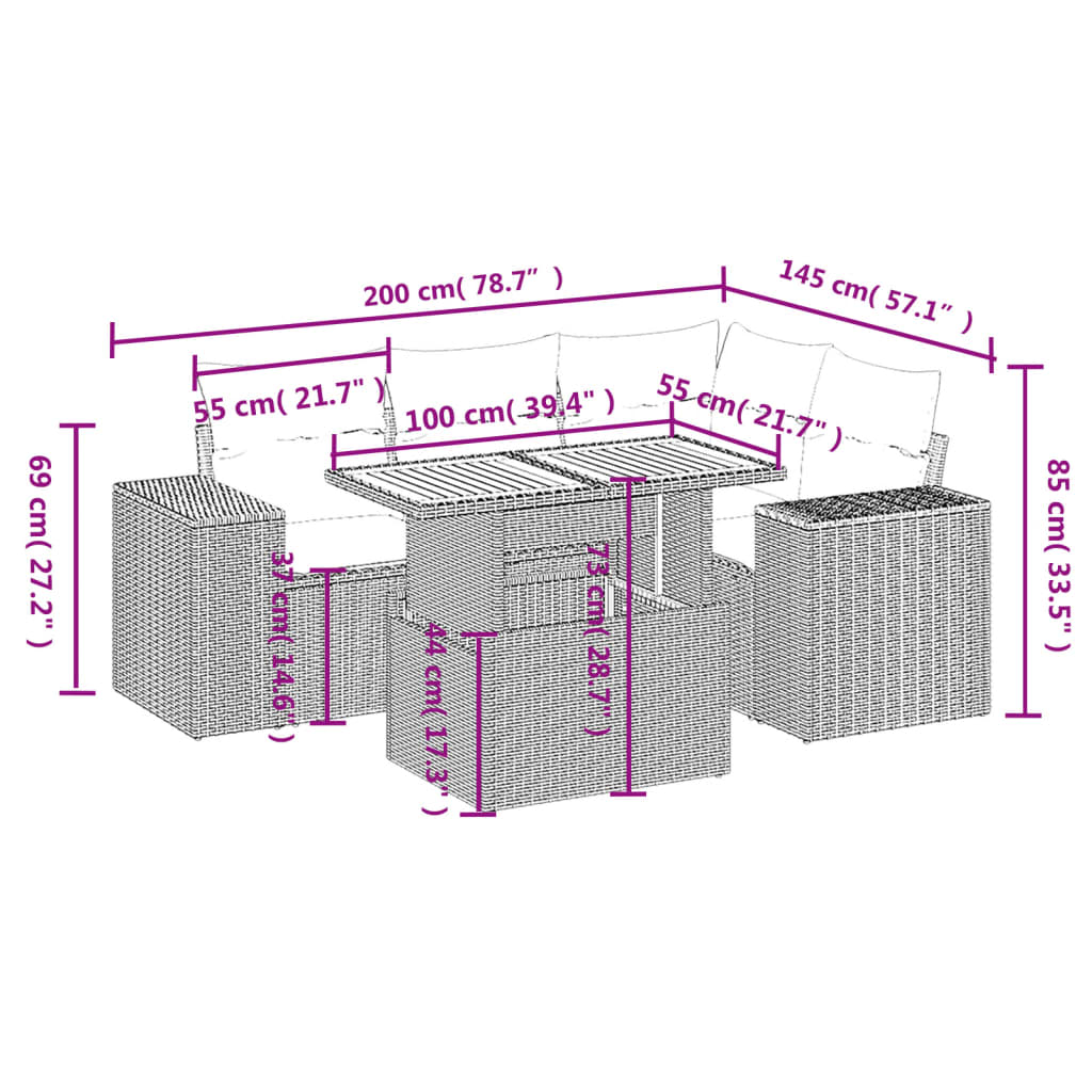 Salotto da giardino 5 pz in rattan PE grigio con tavolo