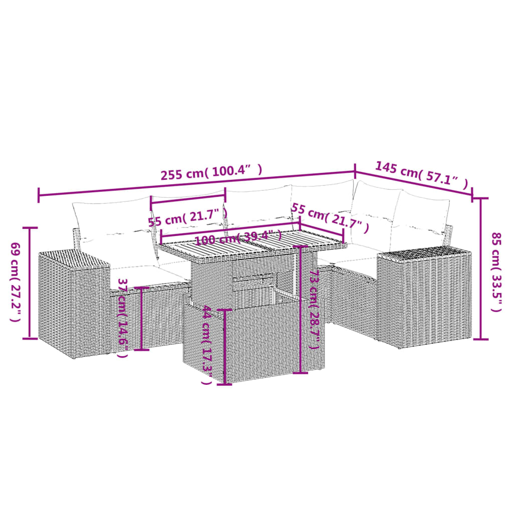Set salotto da giardino 6 pz in rattan PE grigio 2