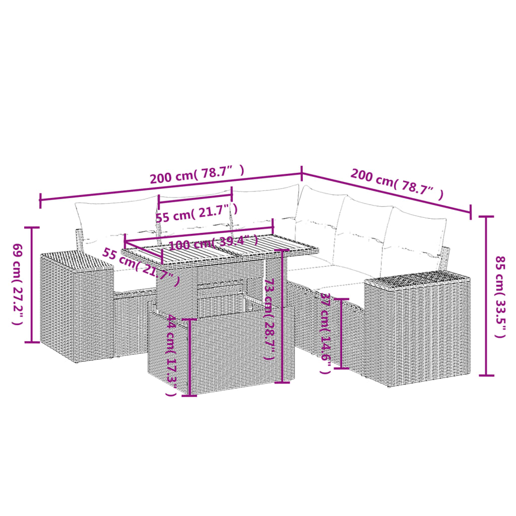 Set salotto da giardino 6 pz in polyrattan grigio