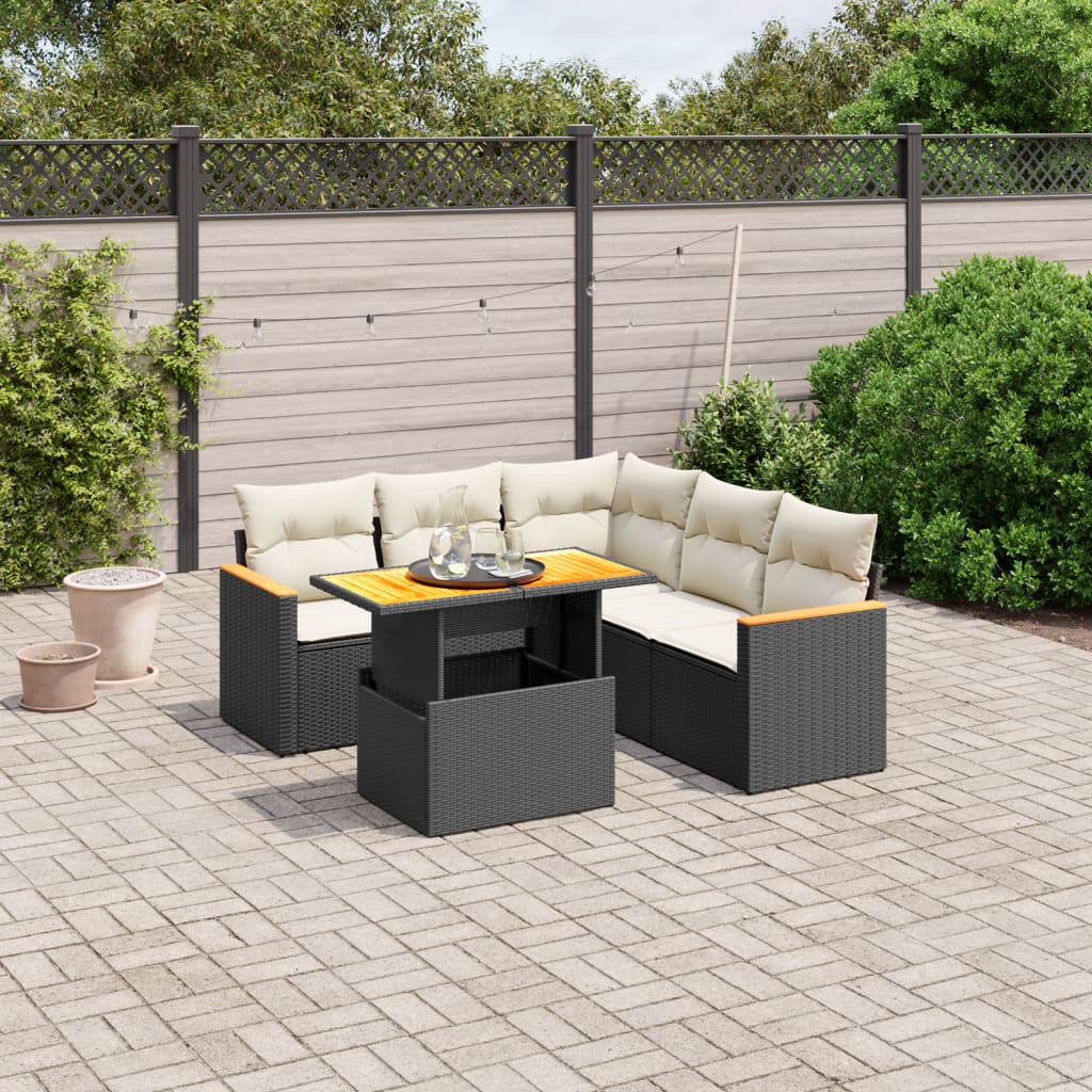 Set da esterno 6 pezzi in rattan PE nero con cuscini color crema