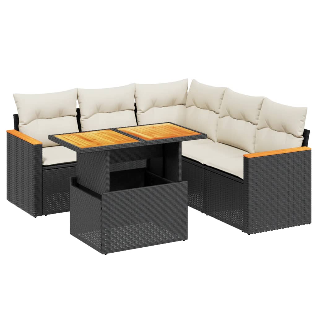 Set da esterno 6 pezzi in rattan PE nero con cuscini color crema