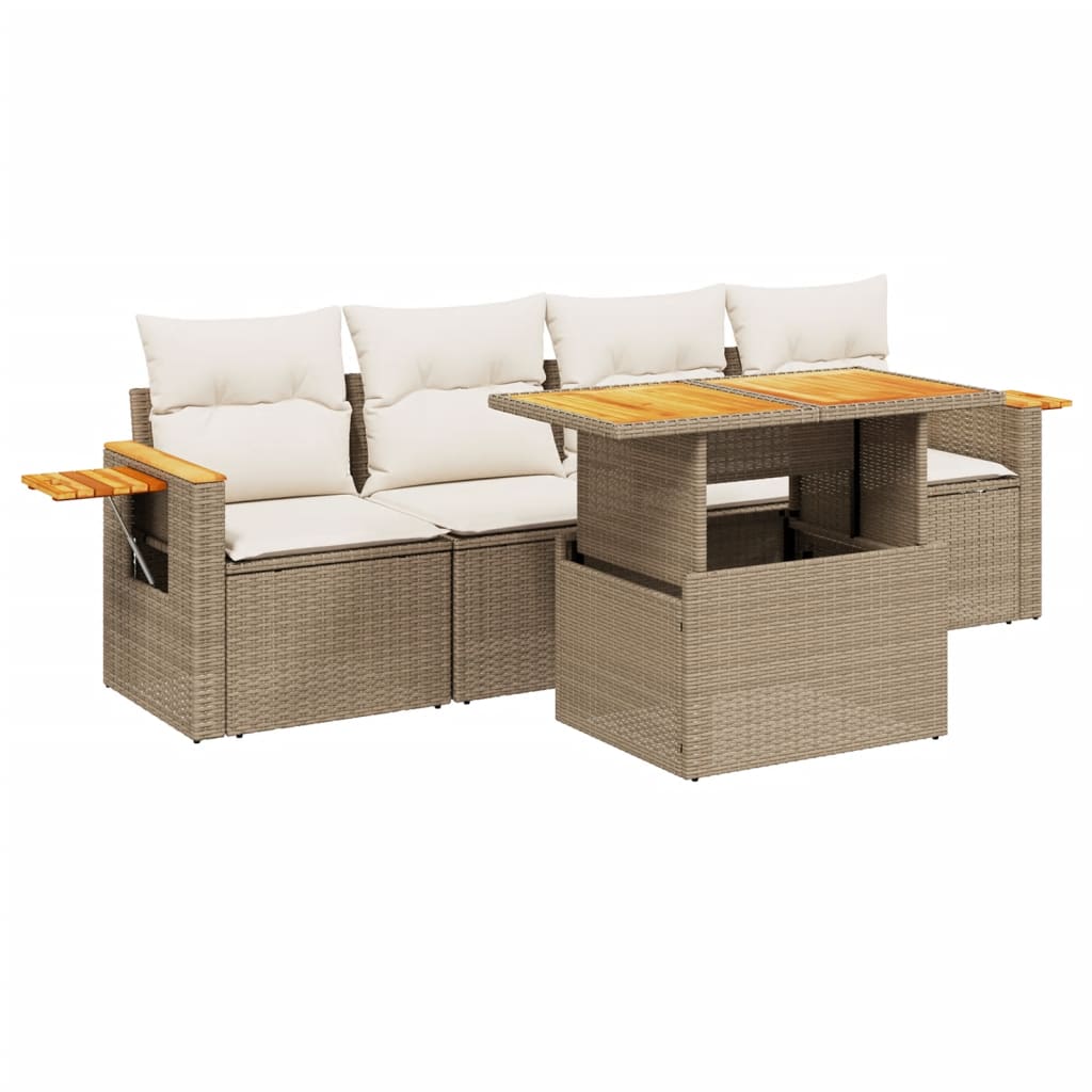 Set Divano da Giardino 5 pz con Cuscini Beige in Polyrattan