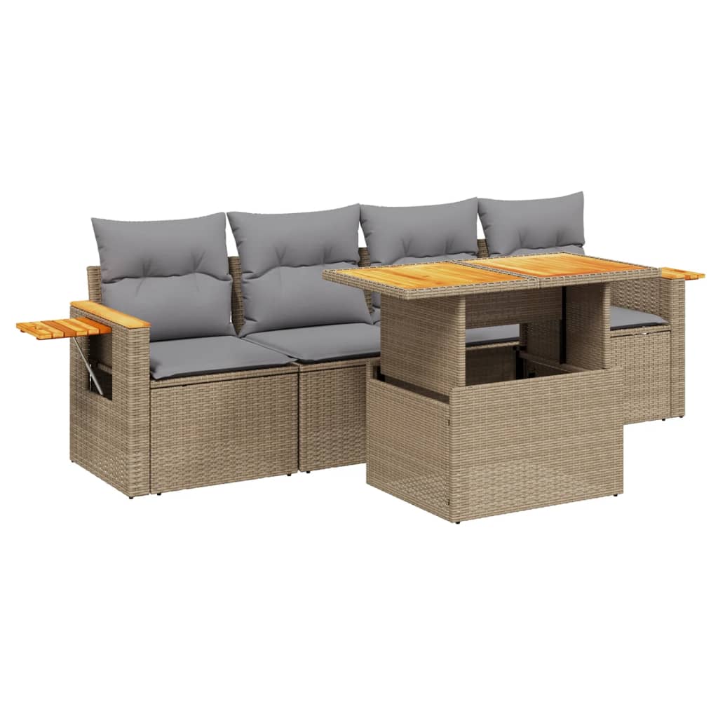 Set Divano da Giardino 5 pz con Cuscini Beige in Polyrattan