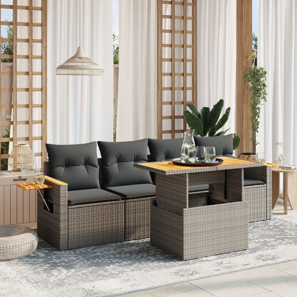 Set Divano da Giardino 5 pz con Cuscini Grigio in Polyrattan