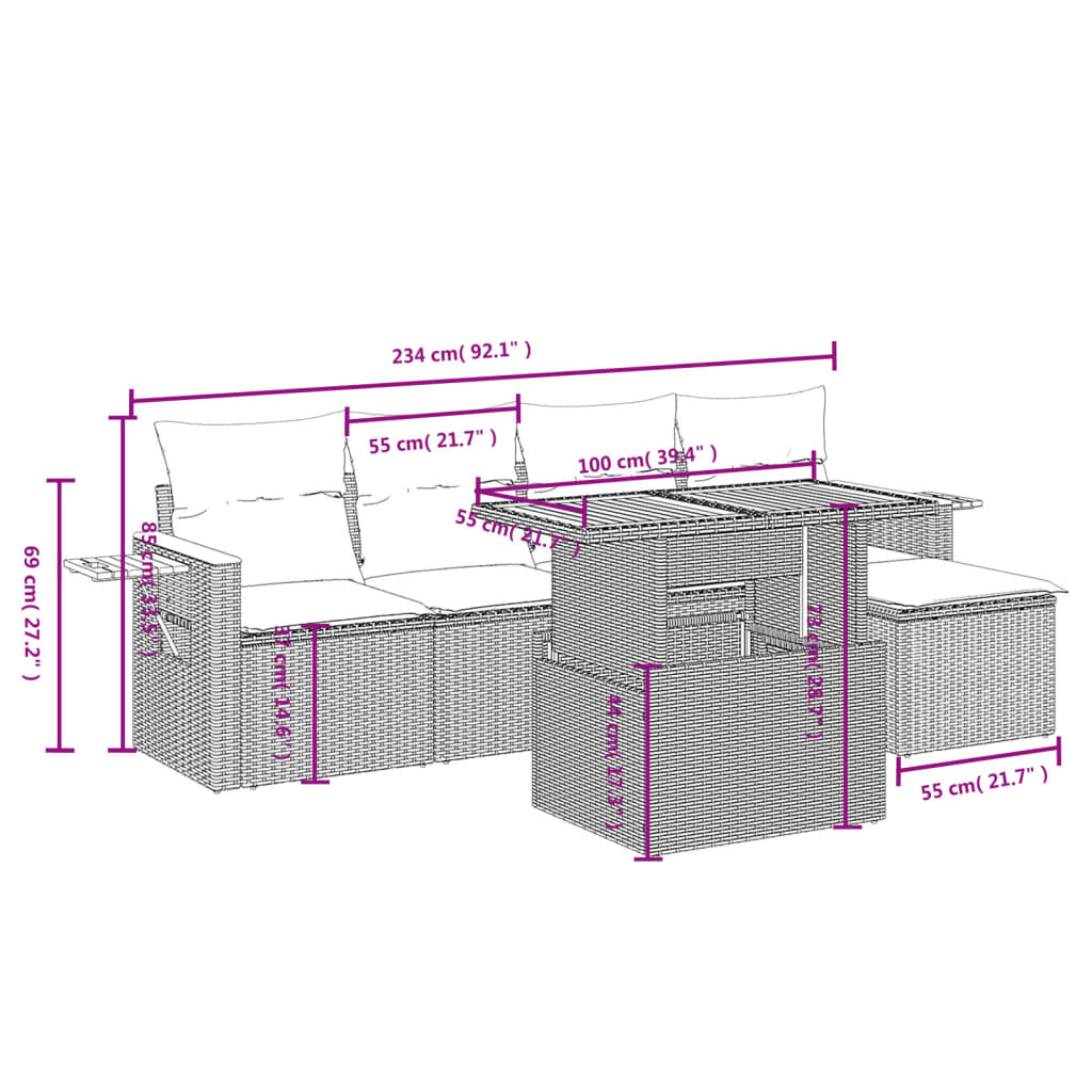 Set Divano da Giardino 6 pz con Cuscini Grigio in Polyrattan
