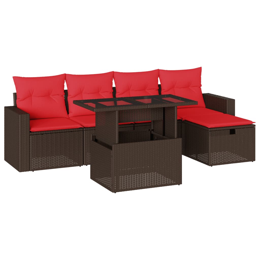 Salotto da giardino 6 pz in polyrattan marrone con cuscini rossi sfoderabili