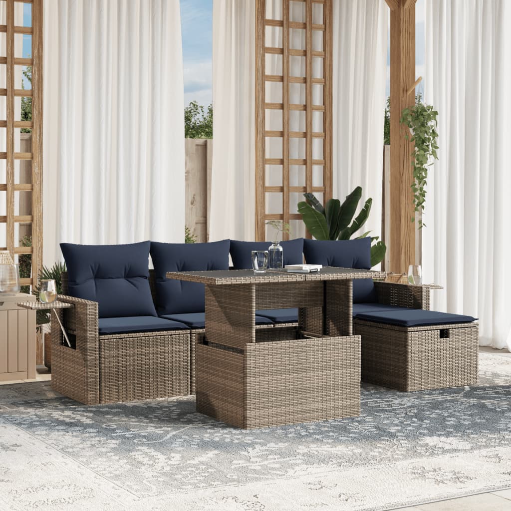 Salotto da giardino grigio in rattan PE con cuscini blu, 6 pezzi