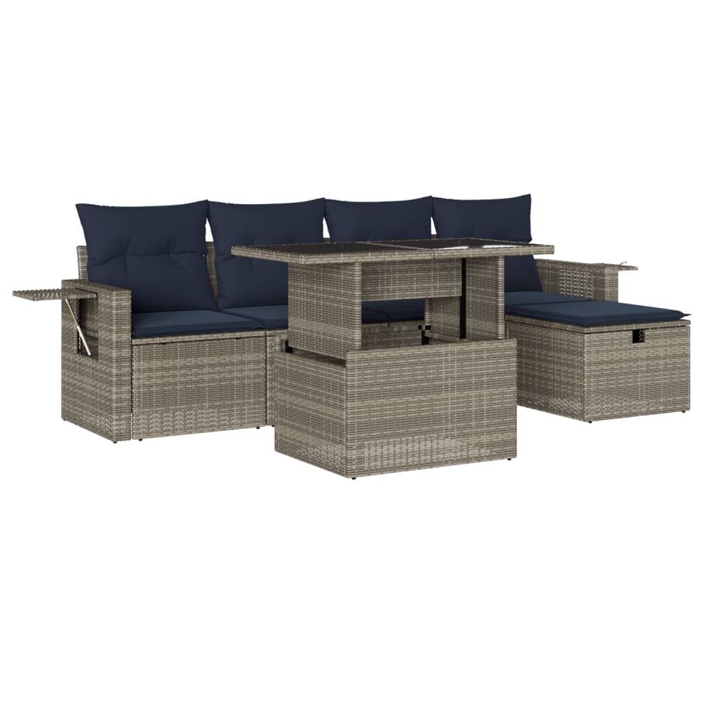 Salotto da giardino grigio in rattan PE con cuscini blu, 6 pezzi