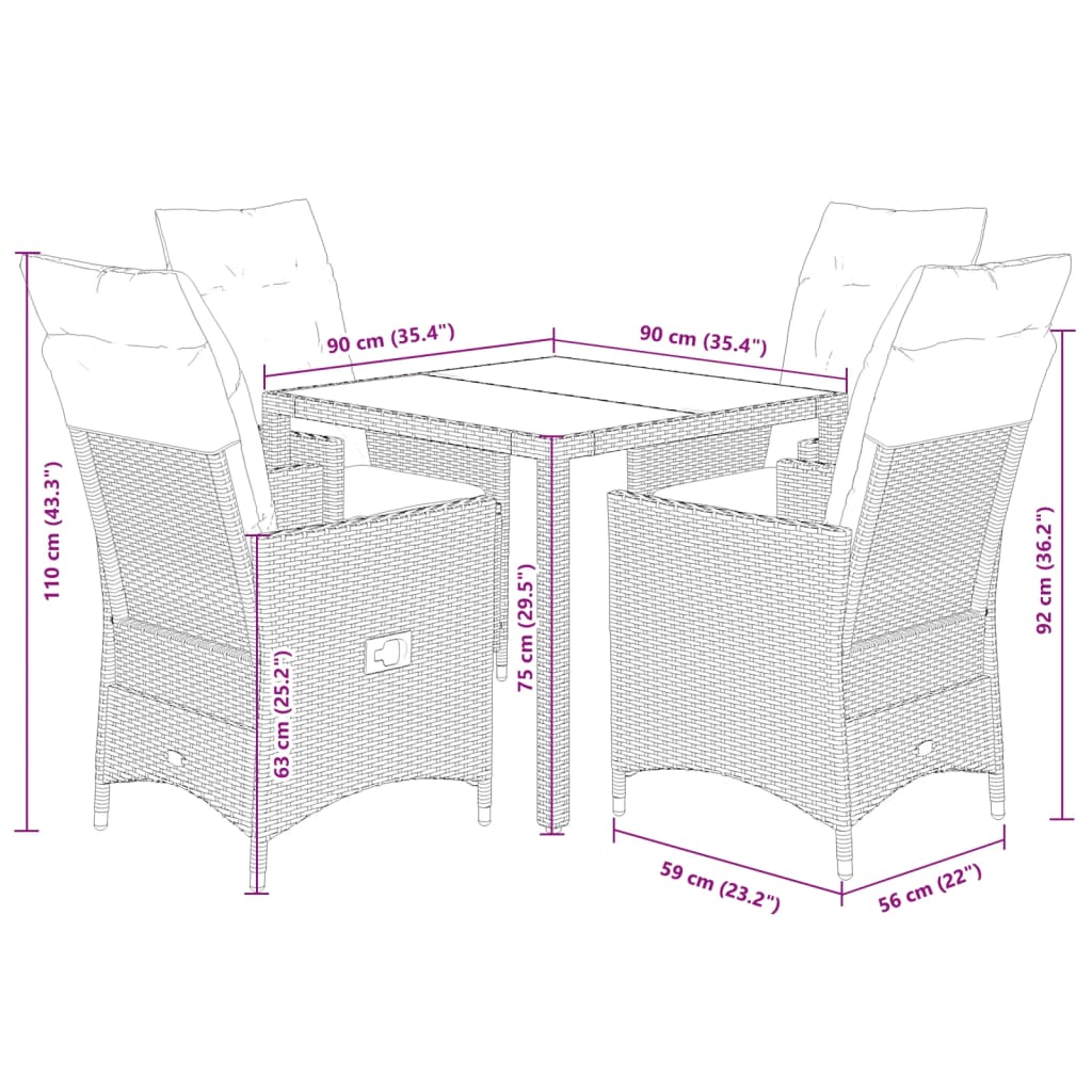 Set da Pranzo da Giardino 5 pz Nero con Cuscini in Polyrattan