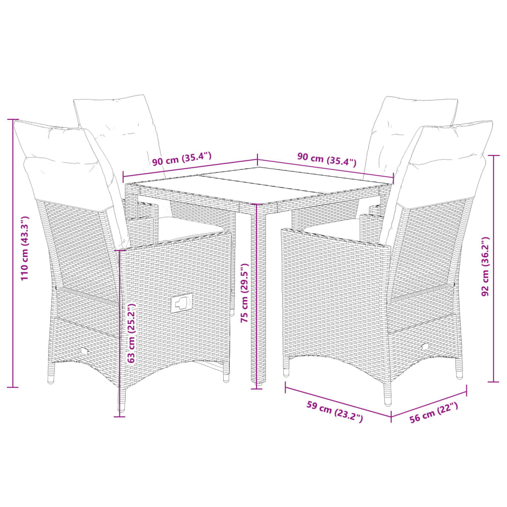 Set da Pranzo da Giardino 5 pz Nero con Cuscini in Polyrattan