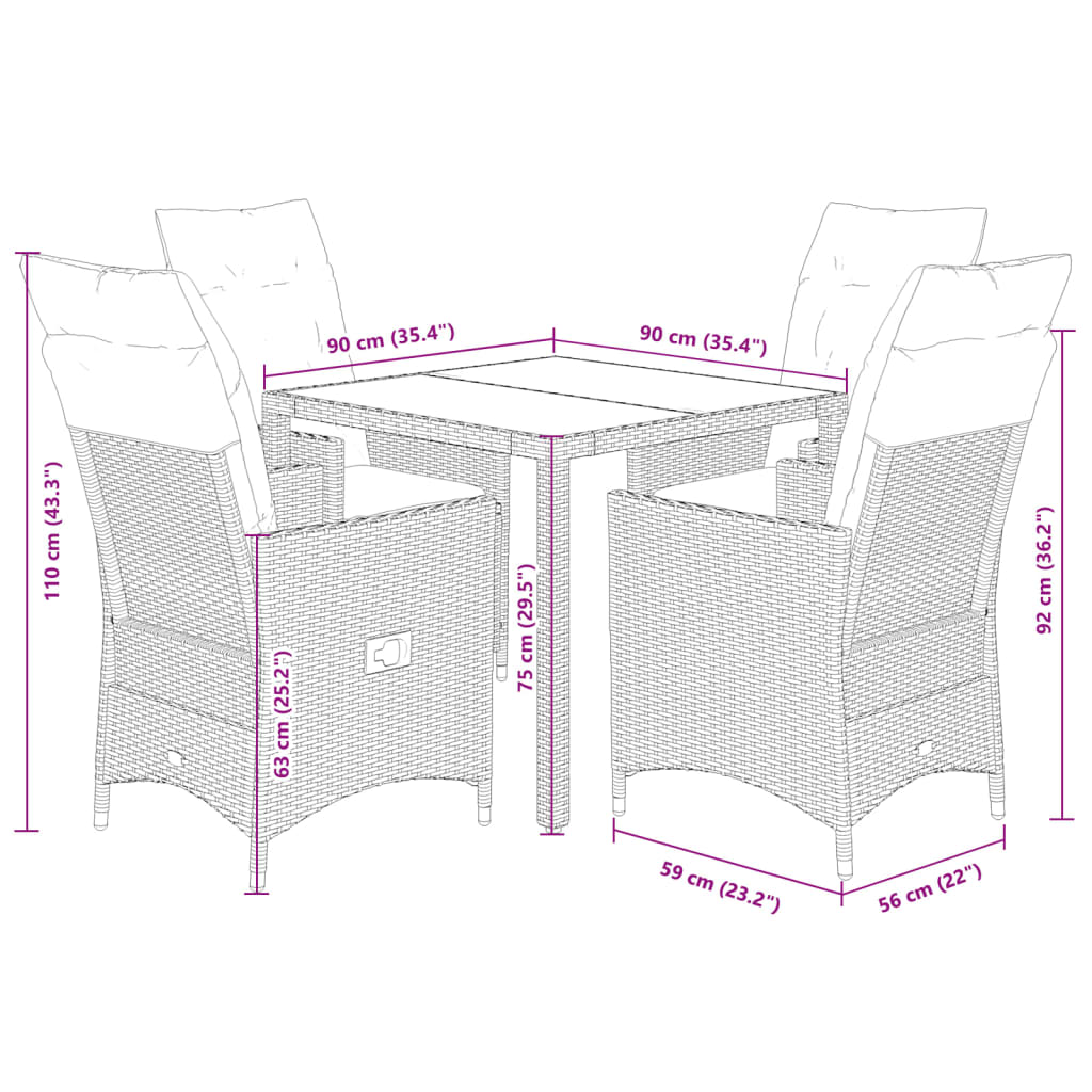 Set da Pranzo da Giardino 5pz con Cuscini in Polyrattan Marrone