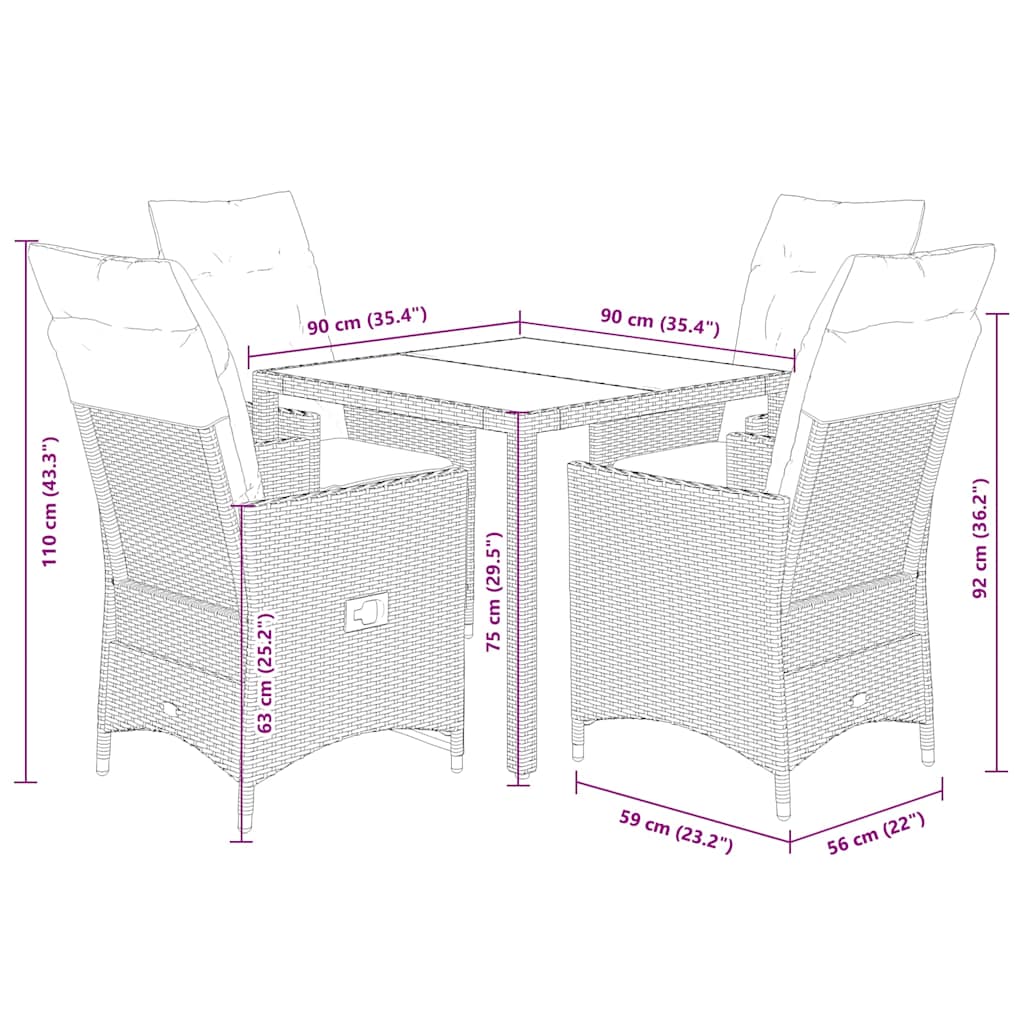 Set da Pranzo da Giardino 5pz con Cuscini in Polyrattan Marrone